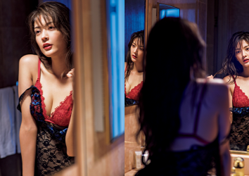Ms. Michina Tauchi is wearing red lingerie and black slip, she is reflected in the mirror, she is a Japanese & Asian tall 9-headed mature female fashion model and actress.