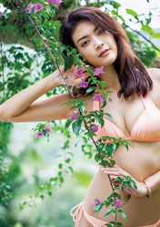 Ms. Michina Tauchi is wearing a pink bikini swimsuit, she is standing, she is a Japanese & Asian tall 9-headed mature female fashion model and actress.