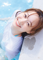 Ms. Syuuka is a Japanese-Armenian mixed-race fashion beauty model (1/4 Armenian descent), she is a Japanese & Asian TV personality, fashion model, bikini model (gravure idol), she is wearing a light blue bikini swimsuit, white shirt, in that state, she is immersed in water in swimming pool.