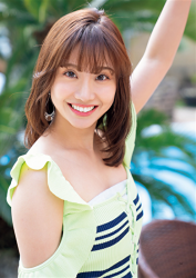 Ms. Ayaka is wearing a yellow-green short-sleeved blouse, she is a beautiful & cute Japanese & Asian model, freelance announcer, TV personality.