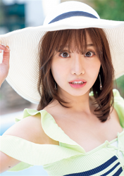 Ms. Ayaka Shibaie is wearing a yellow-green short-sleeved blouse, white hat, she is a beautiful & cute Japanese & Asian model, freelance announcer, TV personality.