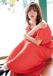 Ms. Ayaka Shibaie wears a red dress, she sitting on the floor grasping her knees, she is a beautiful & cute Japanese & Asian model, freelance announcer, TV personality.