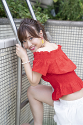 Ms. Ayaka is wearing a red short-sleeved blouse and white shorts, she is a beautiful & cute Japanese & Asian model, freelance announcer, TV personality, she is standing on the ladder of the swimming pool.