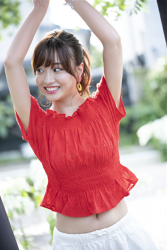 Ms. Ayaka is wearing a red short-sleeved blouse and white shorts, she is a beautiful & cute Japanese & Asian model, freelance announcer, TV personality.