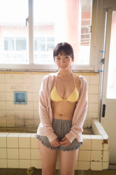 Ms. Kirara Takazuma is a very cute Japanese & Asian gravure idol (bikini model, swimsuit model pin-up girl), actress who wears a yellow bikini at school and she's in the school's slightly old and dirty washroom.