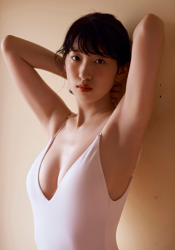 The beautiful and elegant Japanese & Asian gravure idol (pin-up model), actress & singer in a white swimsuit, her name is Ms. Mikoto.