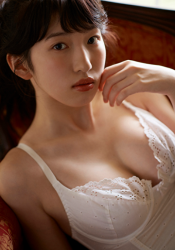 The beautiful and elegant Japanese & Asian gravure idol (pin-up model / bikini model), Ms. Mikoto Hizaka wears white bra to express her sensuality and elegance, she is sitting.