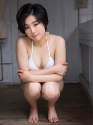 Ms, Yuusa is a beautiful & cute young Japanese & Asian gravure idol (swimwear model) & actress, wearing a white bikini swimsuit, she is squatting.