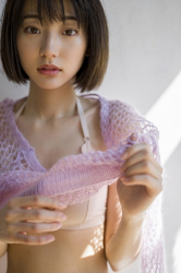 Ms. Karena Takeoka is wearing a lavender sweater and a white bikini swimsuit inside, she is standing, she is a cute and elegant Japanese actress (Asian actress), bikini model (gravure idol, swimwear model, pin-up model), fashion model.