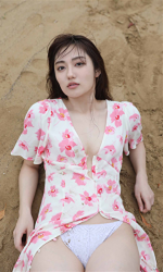 Ms. Kazuki Okuike wears (with pink floral pattern) white shirt, white panties, she is a beautiful and elegant Japanese & Asian fashion model, bikini model (gravure idol, bikini model, swimsuit model, pin-up model), actress, her bust is 83cm and she has beautiful breasts.