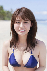Ms. Maaya Iune is wearing a blue bikini swimsuit, she is on the beach, she is a beautiful and cute Japanese & Asian gravure idol (bikini model, swimwear model, pin-up girl), TV personality, she has beautiful breasts.