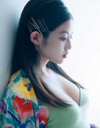 Ms. Mioka Imawatari is wearing (with floral pattern) blouse and yellow-green bra, she is a beautiful and cute Japanese actress (Asian actress), gravure idol (bikini model, swimwear model, pin-up model), TV personality, her bust is 86cm, she has beautiful breasts.