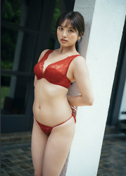 Ms. Nanane Oka is wearing a red lingerie, she is standing on a white pillar, she is a beautiful and lovely Japanese & Asian gravure idol (bikini model, swimsuit model, pin-up girl) and actress.