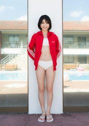 Ms. Natsuyo Ikekatsu is wearing a red sweatshirt and white bikini swimsuit, she is standing, she is a Japanese & Asian beautiful and cute model and actress.