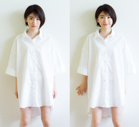 Ms. Natsuyo Ikekatsu wears a big white tailored shirt, and the two photos are pasted together, the two photos are exactly the same person, she is standing, she is a beautiful and cute model & actress in Japan.