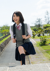 Ms. Natsuyo Ikekatsu is wearing a school uniform, and she is carrying a backpack, she is a Japanese & Asian beautiful and cute model & actress.