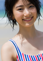 Ms. Natsuyo Ikekatsu is wearing a bikini swimsuit with blue, red, and white vertical stripes, she is on the beach, she is a Japanese & Asian beautiful and cute model & actress.