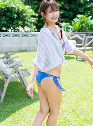 Ms. Sumika Sawakuma is a Japanese & Asian beautiful Japanese model, gravure idol (bikini model, swimwear model, pin-up girl), TV personality, grid girl, standing in a blue bikini swimsuit.