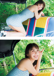 Ms. Emina is a Japanese and Asian gravure idol (swimwear model, bikini model, pin-up girl), TV personality and singer, she wore a light blue dress, and both photos were combined into one by riding a tricycle.