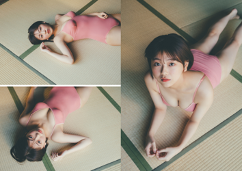 Ms. Ami Ojimi is a young gravure idol (bikini model / swimwear model) and a young and cute actress, she is lying in a pink leotard and this photo is a combination of three photos.