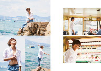 Mr. Ayato Akaibashi is at the beach wearing a white shirt and jeans, and the photo is a combination of five photos, he is also an actor and voice actor.
