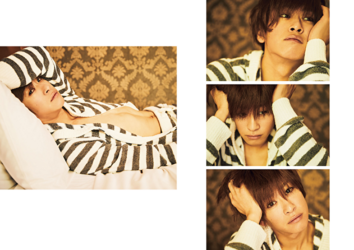 Mr. Ayato Akaibashi is wearing black and white zebra-patterned clothing, and this photo is a combination of four photos, he is also an actor and voice actor.