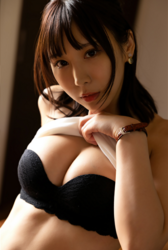 Ms. Kirina Hinaga shifts her white shirt to reveal her black bra, she is a Japanese & Asian sweet and cute big breasts gravure idol (pin-up model, bikini model, swimsuit model), her bust is 90 cm, she has charming big breasts, she is a woman with sexual charm.