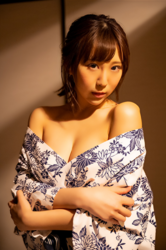 Ms. Kirina Hinaga is about to take off her yukata and she is in a Japanese-style room, she is a Japanese & Asian sweet and cute big breasts gravure idol (pin-up model, bikini model, swimsuit model), her bust is 90 cm, she has charming big breasts, she is a woman with sexual charm.