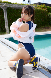 Ms. Kirina Hinaga's wearing a navy blue bathing suit, she's by the pool, she's wearing basketball shoes, and she's standing with her knees bent, and wearing basketball shoes, she is a Japanese & Asian sweet and cute big breasts gravure idol (pin-up model, bikini model, swimsuit model), her bust is 90 cm, she has charming big breasts, she is a woman with sexual charm.