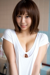 Ms. Kirina Hinaga is wearing a white shirt, facing the front and smiling, she is a Japanese & Asian sweet and cute big breasts gravure idol (pin-up model, bikini model, swimsuit model), her bust is 90 cm, she has charming big breasts, she is a woman with sexual charm.