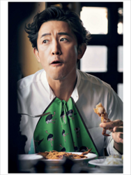 Mr. Takaatsu Sakurahaba is eating and wearing a white shirt, he is a handsome Japanese & Asian actor, fashion male model.