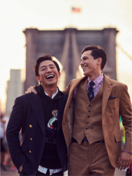 Mr. Takaatsu Sakurahaba is wearing a dark blue blazer and the other person is wearing brown clothes, he is a handsome Japanese & Asian actor, fashion male model.