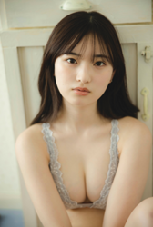 Ms. Asumi Saigosawa is wearing light gray women's underwear and is sitting on the floor, she is a very cute and young actress who is also active as a bikini model (swimsuit model / gravure idol / pin up girl).
