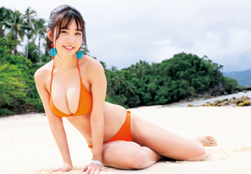 Ms. Kisara Amakura is a Japanese active idol, a very cute bikini model (gravure idol), an actress, and a TV personality, she is wearing an orange bikini, hands on the beach, sitting on the beach, revealing her big boobs.