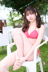 Ms. Makiko Tatsuhashi is wearing a red polka dot bikini and she is sitting in a white chair, she is an active idol singer and gravure idol (bikini model, swimwear model).
