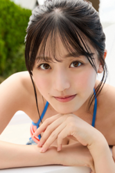 Ms. Uuna Tadekawa is a beautiful and cute young Japanese gravure idol (pin-up girl, swimwear model, bikini model), she is wearing a pink bikini with horizontal stripes (red and navy lines) and she is photographed straight on.