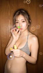 Ms. Yuki Furuhama is wearing gray women's underwear and playing with soap bubbles, she is a tall white gyaru Japanese fashion model, runway model, swimsuit model (gravure idol / pin up model / bikini model), TV personality, and YouTuber.
